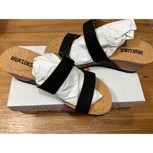 Muk Luks Womens Black Faux Leather Cork Wedge Sandals Size 9 Dual Strap Slide